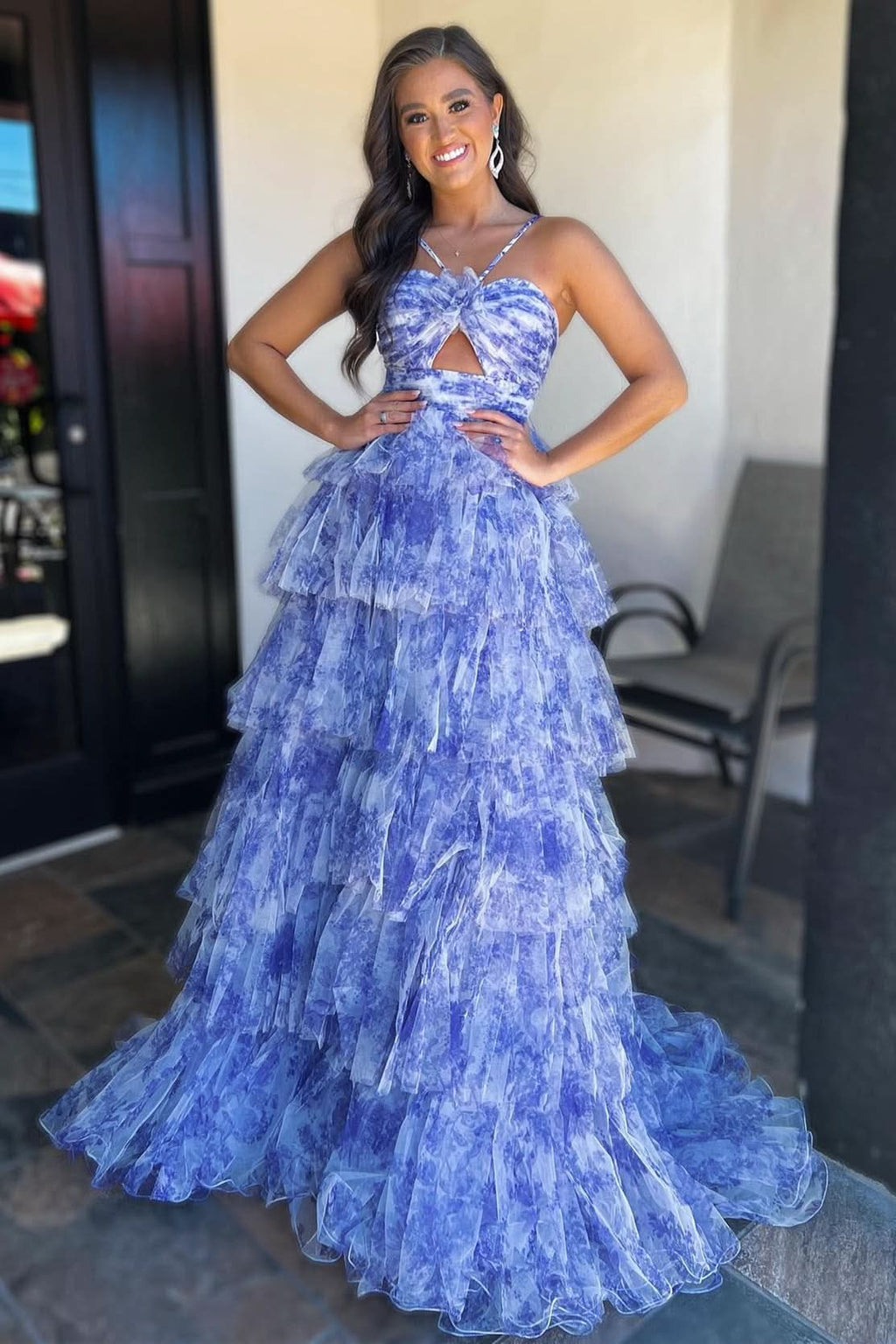 Vibrant Blue Print Halter Keyhole Ruffle Tiered Long Prom Dress BM bride