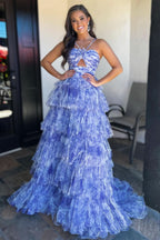 Vibrant Blue Print Halter Keyhole Ruffle Tiered Long Prom Dress BM bride