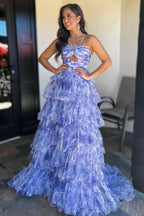 Vibrant Blue Print Halter Keyhole Ruffle Tiered Long Prom Dress BM bride