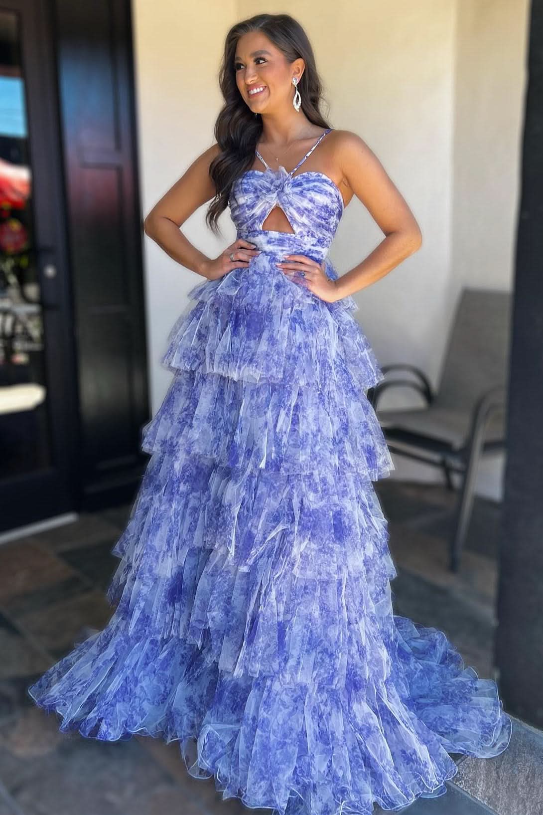 Vibrant Blue Print Halter Keyhole Ruffle Tiered Long Prom Dress BM bride