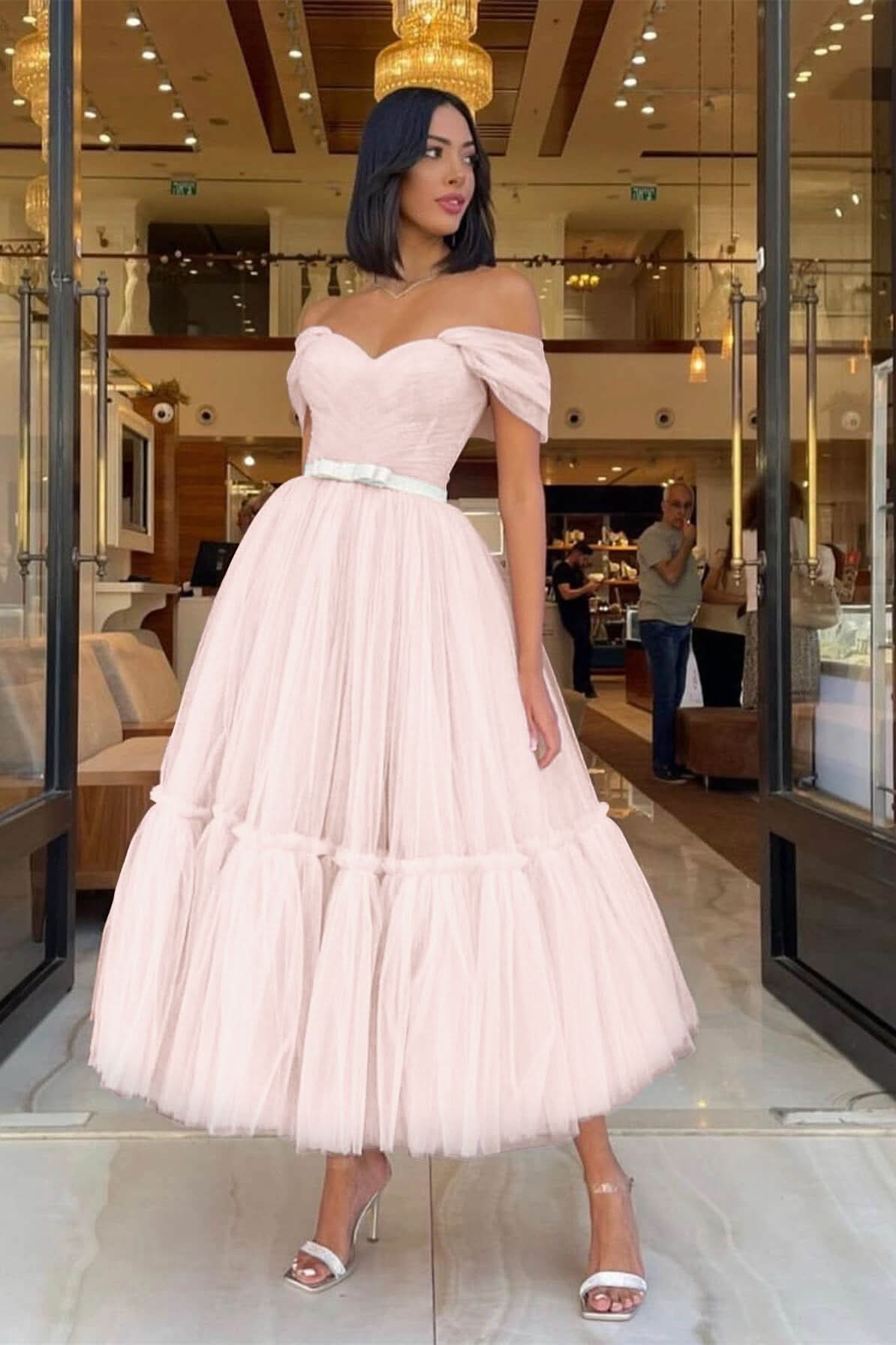 Light Pink Sweetheart Off-The-Shoulder Tulle Prom Dress with Belts BM bride