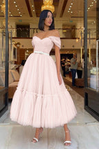 Light Pink Sweetheart Off-The-Shoulder Tulle Prom Dress with Belts BM bride