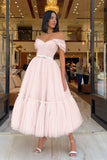 Light Pink Sweetheart Off-The-Shoulder Tulle Prom Dress with Belts BM bride