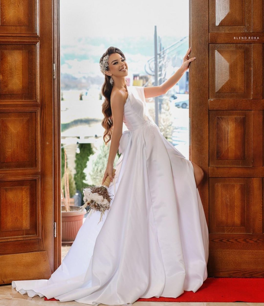 Long Sleeveless A-Line One-Shoulder Satin Wedding Dress with Slit BM bride