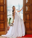 Long Sleeveless A-Line One-Shoulder Satin Wedding Dress with Slit BM bride