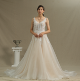 Sleeveless V-Neck Straps A-Line Backless Wedding Dress with Appliques BM bride