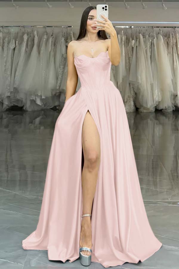 Strapless Sleeveless Long High Split Prom Dress With Pleated