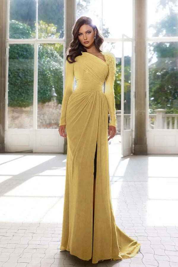 Elegant Long Sleeves Yellow Prom Dress Asymmetric Pleated Split
