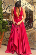 Red Sleeveless Modern Deep V Neck Backless Long Prom Dress With ruffles