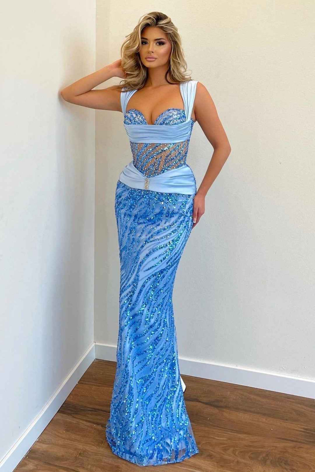 Sky Blue Prom Dress Straps With Sequins Sleeveless Long Mermaid