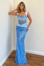 Sky Blue Prom Dress Straps With Sequins Sleeveless Long Mermaid