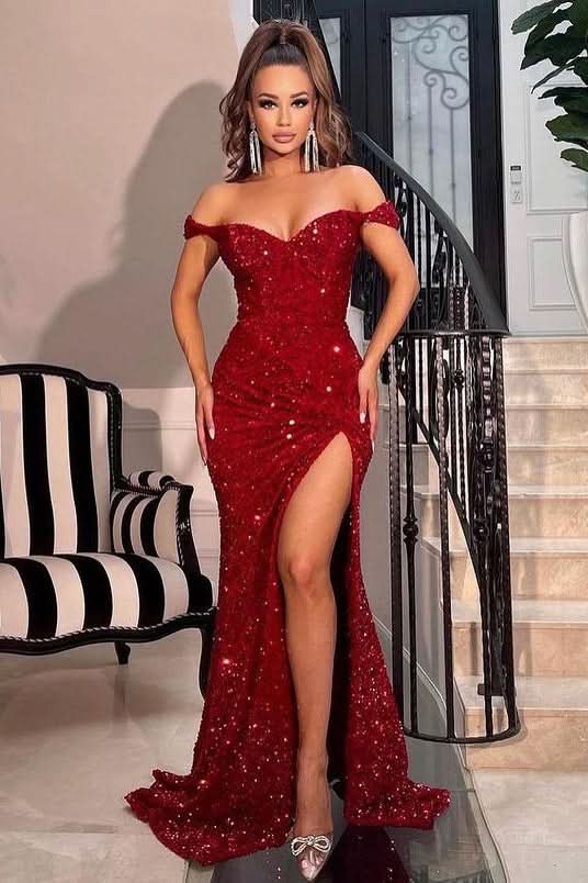 Red Off-The-Shoulder Sweetheart Sequins Mermaid Prom Dress with Split BM bride