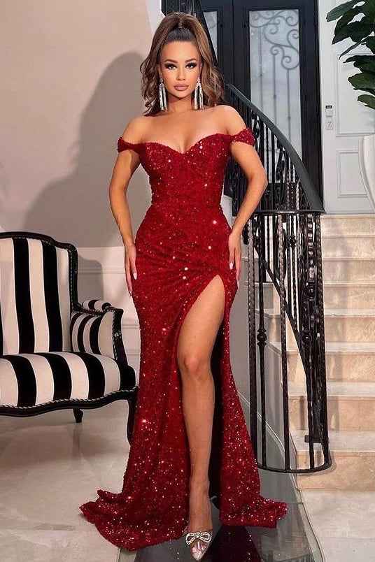 Chic Red Sequins Off the Shoulder Sweetheart Mermaid Prom Dress With Split