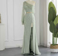 Charming One Shoulder Long Sleeve Sage Beading Long Prom Dress