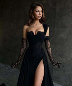 Black Long Sleeve Prom Dress with V-Neck and Lace Appliques BM bride