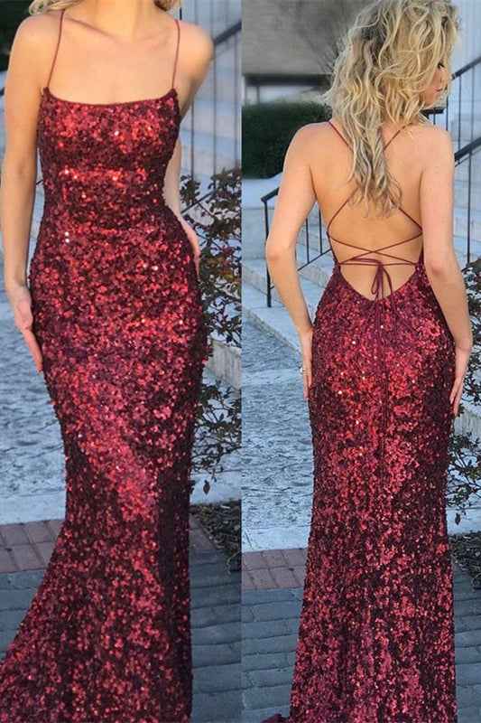 Burgundy Sequins Spaghetti Strap Sleeveless Backless Mermaid Prom Dress