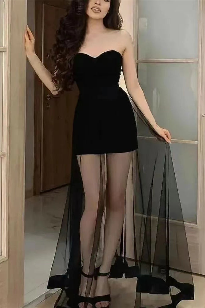 Black Sweetheart Strapless Mini Prom Dress with Tulle BM bride