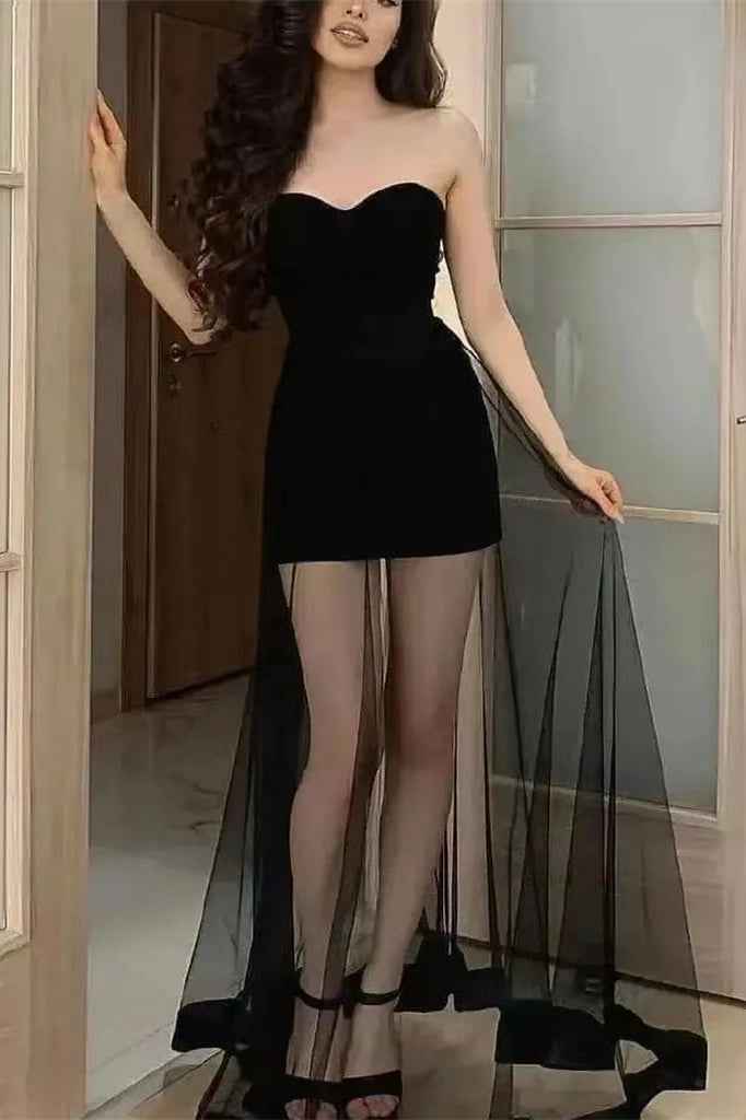 Black Sweetheart Strapless Mini Sleeveless Prom Dress With Tulle