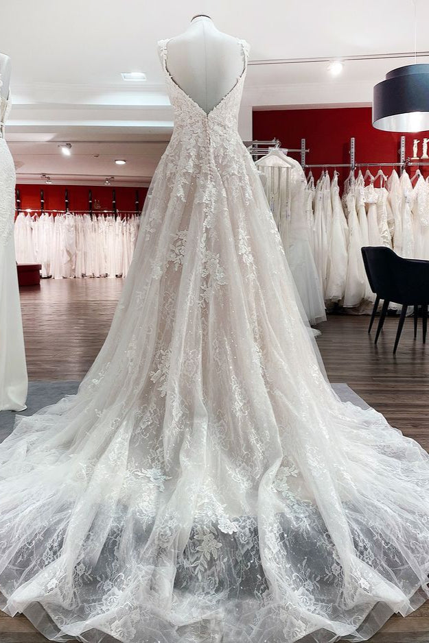 V-Neck Long A-Line Wedding Dress with Ruffles, Open Back, and Tulle Lace BM bride