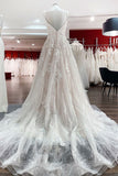 V-Neck Long A-Line Wedding Dress with Ruffles, Open Back, and Tulle Lace BM bride
