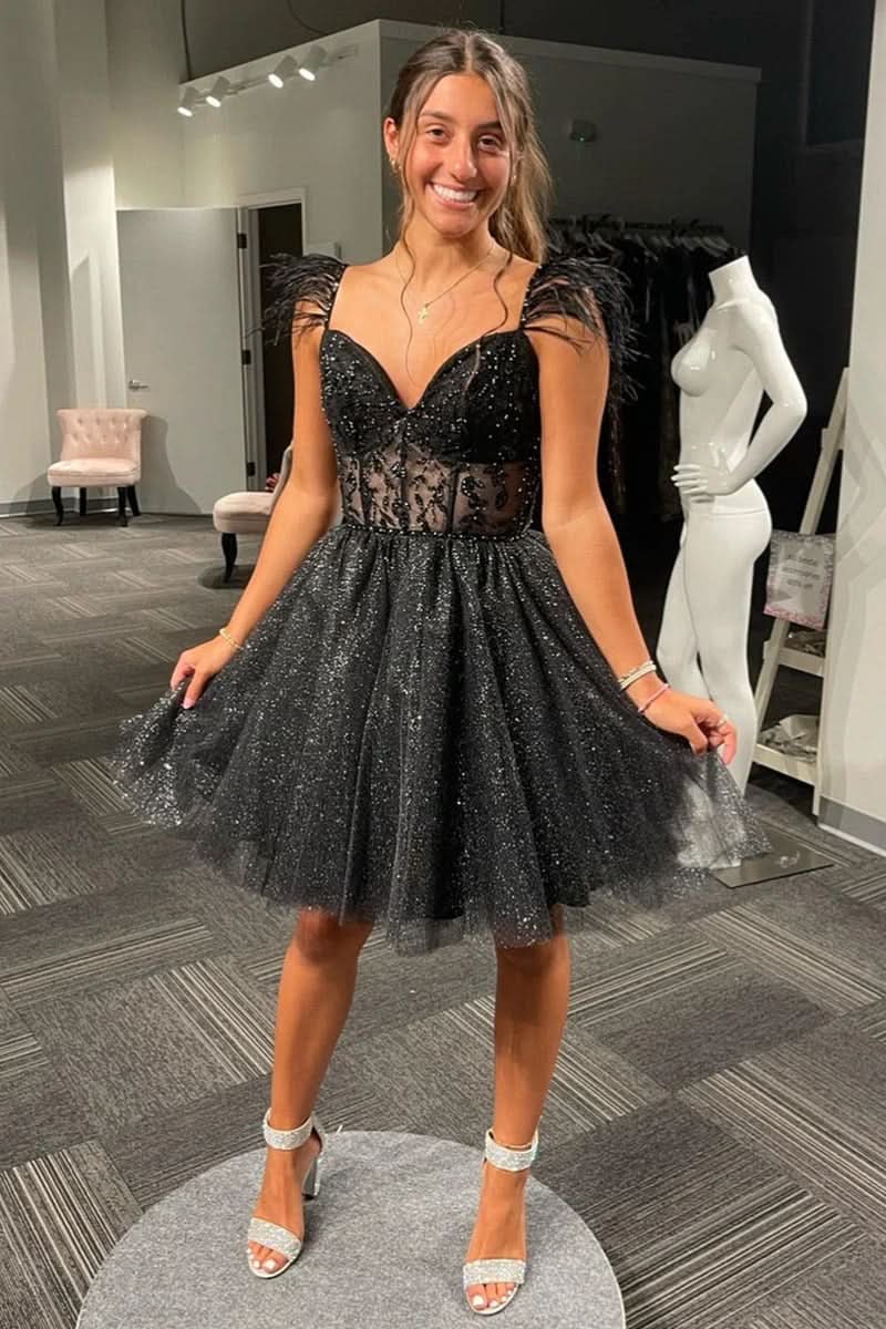 Enchanting A-Line Black Sparkly Tulle Homecoming Dress BM bride