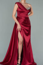 Burgundy Elegant One-Shoulder V-Neck Mermaid Prom Dress with Split and Sequins BM bride
