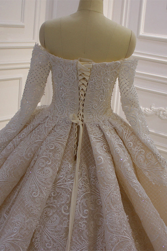 Off-the-Shoulder Long Sleeve Ball Gown Wedding Dress with Lace Appliques BM bride