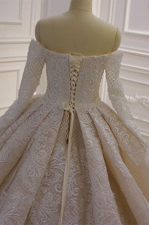 Off-the-Shoulder Long Sleeve Ball Gown Wedding Dress with Lace Appliques BM bride