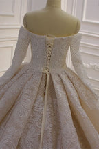 Off-the-Shoulder Long Sleeve Ball Gown Wedding Dress with Lace Appliques BM bride