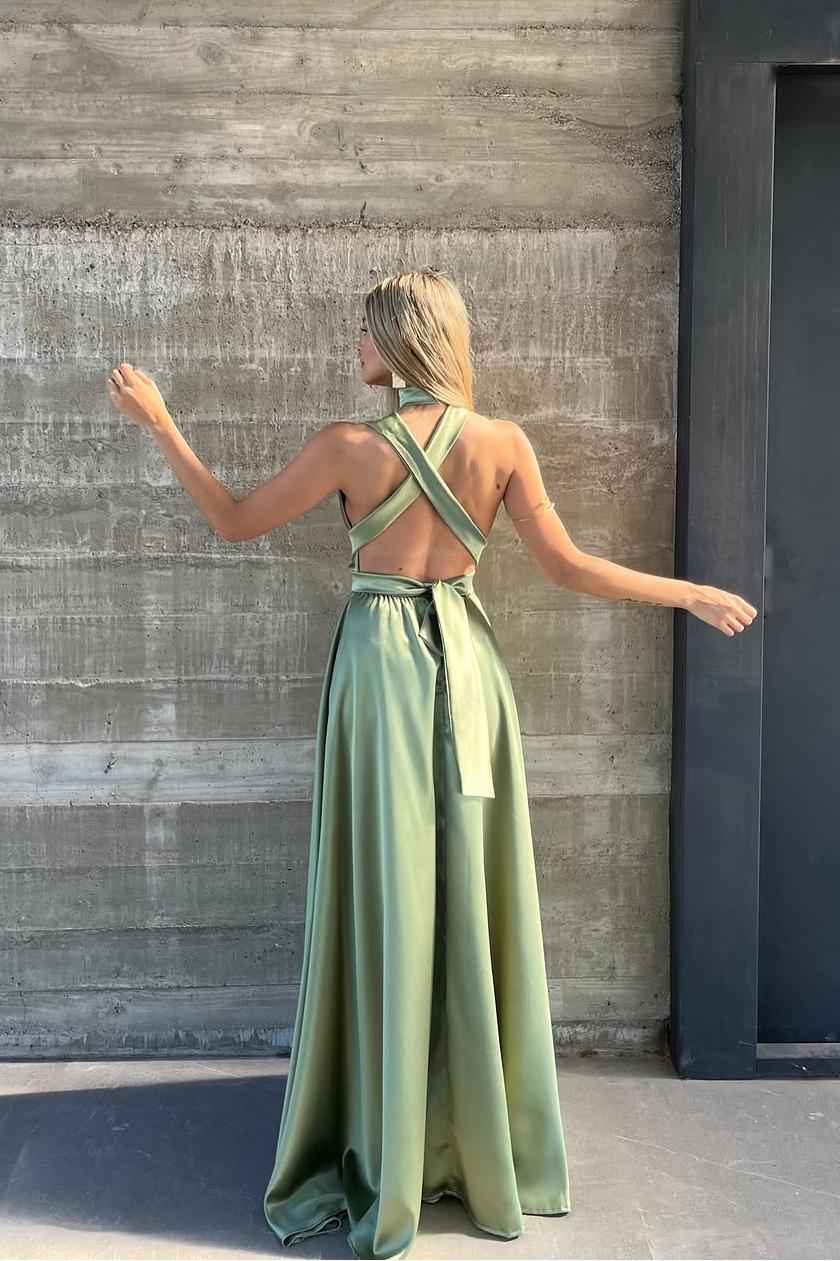 Halter Sleeveless Backless Long Prom Dress With Pleated Belt