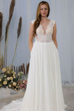 Deep V-neck Backless Chiffon Wedding Dress With Wide Straps Appliques Lace BM bride
