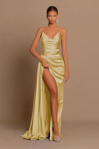 Elegant Royal Blue Long Evening Dress with Pleated Charmeuse and Slit BM bride
