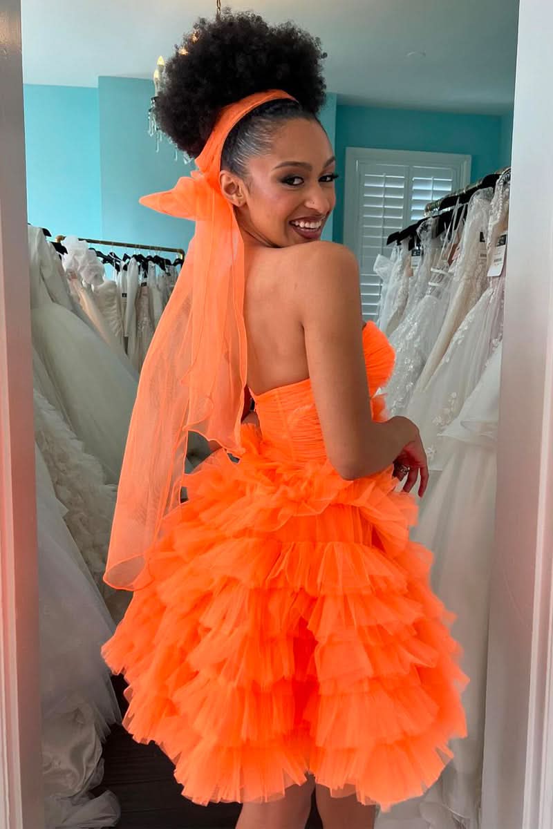 Strapless Orange Tulle Short Homecoming Dress with Ruffles BM bride