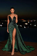 Strapless V Neck Sleeveless Split Long Prom Dress With Sequins