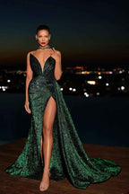 Strapless V Neck Sleeveless Split Long Prom Dress With Sequins