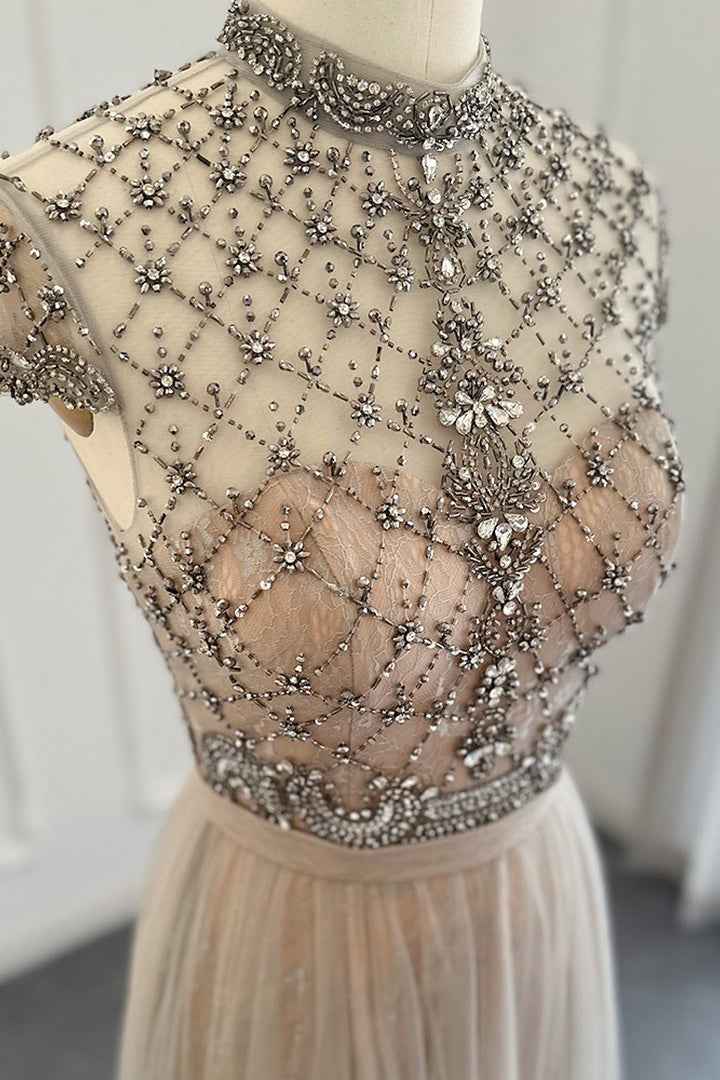 Champagne Jewel Neck Beading A Line Prom Dress Tulle Diamond Studded