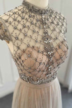 Champagne Jewel Neck Beading A Line Prom Dress Tulle Diamond Studded
