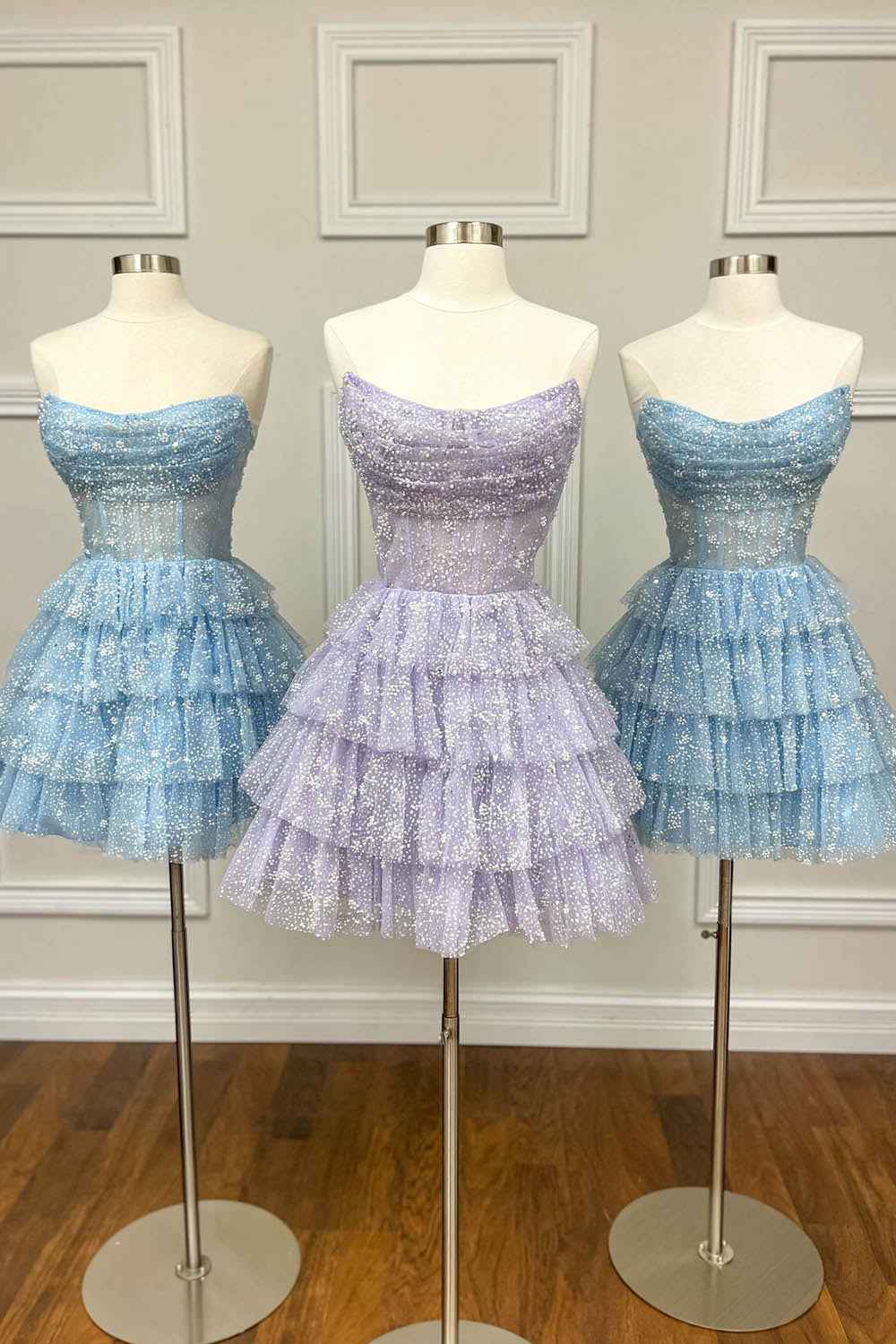 Light Blue Corset Strapless A-Line Tiered Short Homecoming Dress Bmbride