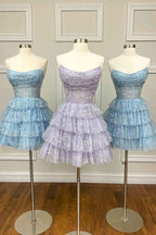 Light Blue Corset Strapless A-Line Tiered Short Homecoming Dress Bmbride