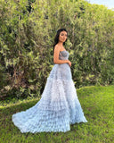 Delightful A-Line Sweetheart Tiered Ruffled Tulle Long Prom Dress BM bride