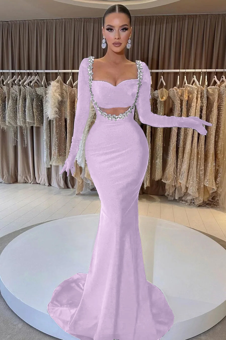 Charming Black Velvet Long Sleeve Beaded Long Mermaid Prom Dress With Gloves BMBRIDE