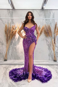 Lavender Sequins Evening Dress Sleeveless Strapless with Slit BM bride