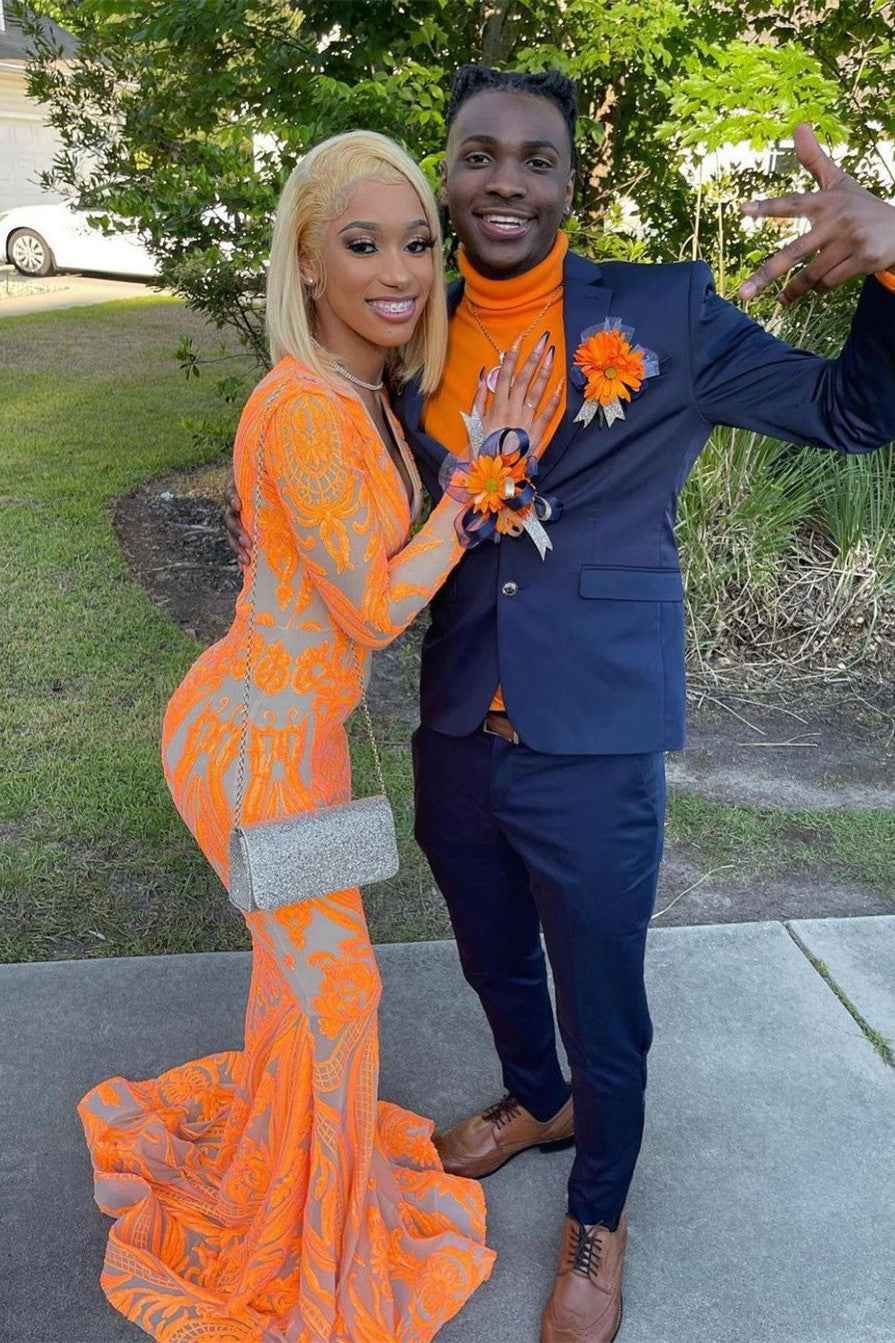 Charming Mermaid Long Sleeves Orange Deep V Neck Prom Dress With Appliques