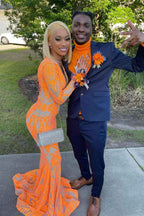 Charming Mermaid Long Sleeves Orange Deep V Neck Prom Dress With Appliques
