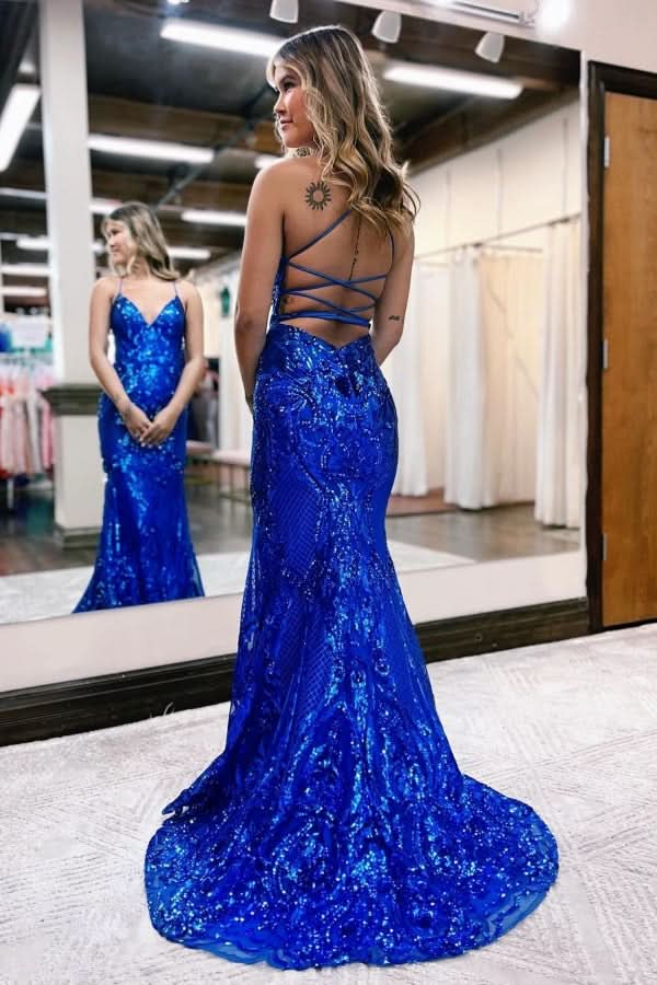Royal Blue Sequin V Neck Backless Prom Dress BM bride