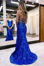 Royal Blue Sequin V Neck Backless Prom Dress BM bride