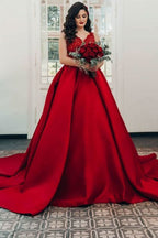Long Ball Gown Princess Satin V-Neck Wedding Dress with Lace BM bride