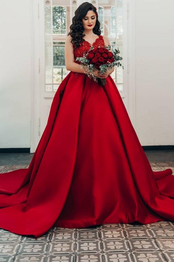 Long Ball Gown Princess Satin V-Neck Wedding Dress with Lace BM bride