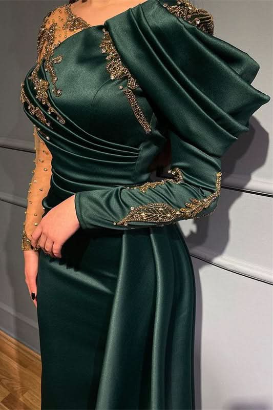 Dark Green Long Sleeves Mermaid Evening Dress with Beads Appliques BM bride