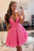 Glitter Hot Pink A-Line Short Homecoming Dress with Pockets Bmbride